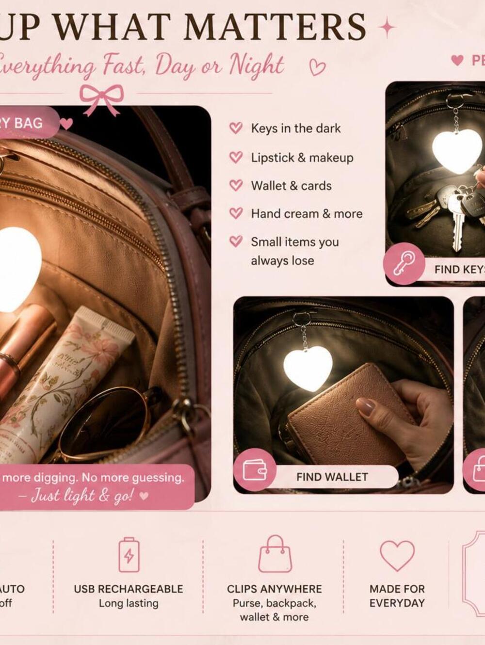 Heart LED Purse Light - Rechargeable White Keychain Accessory - Picture 2 of 9